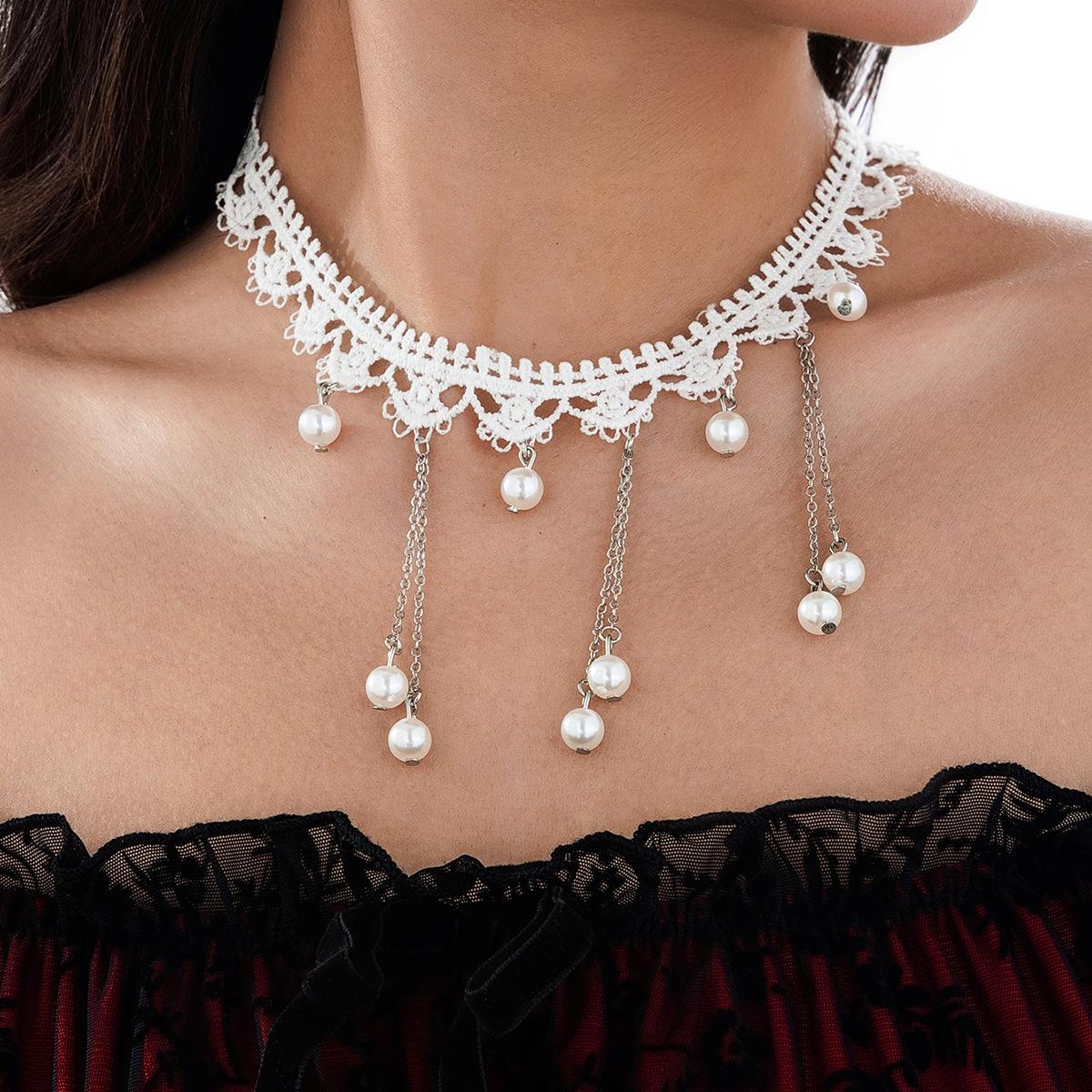 

Vintage Imitation Pearl Gemstone Pendant Lace Neck Chain Choker Personalized Metal Chain Fringed Necklace