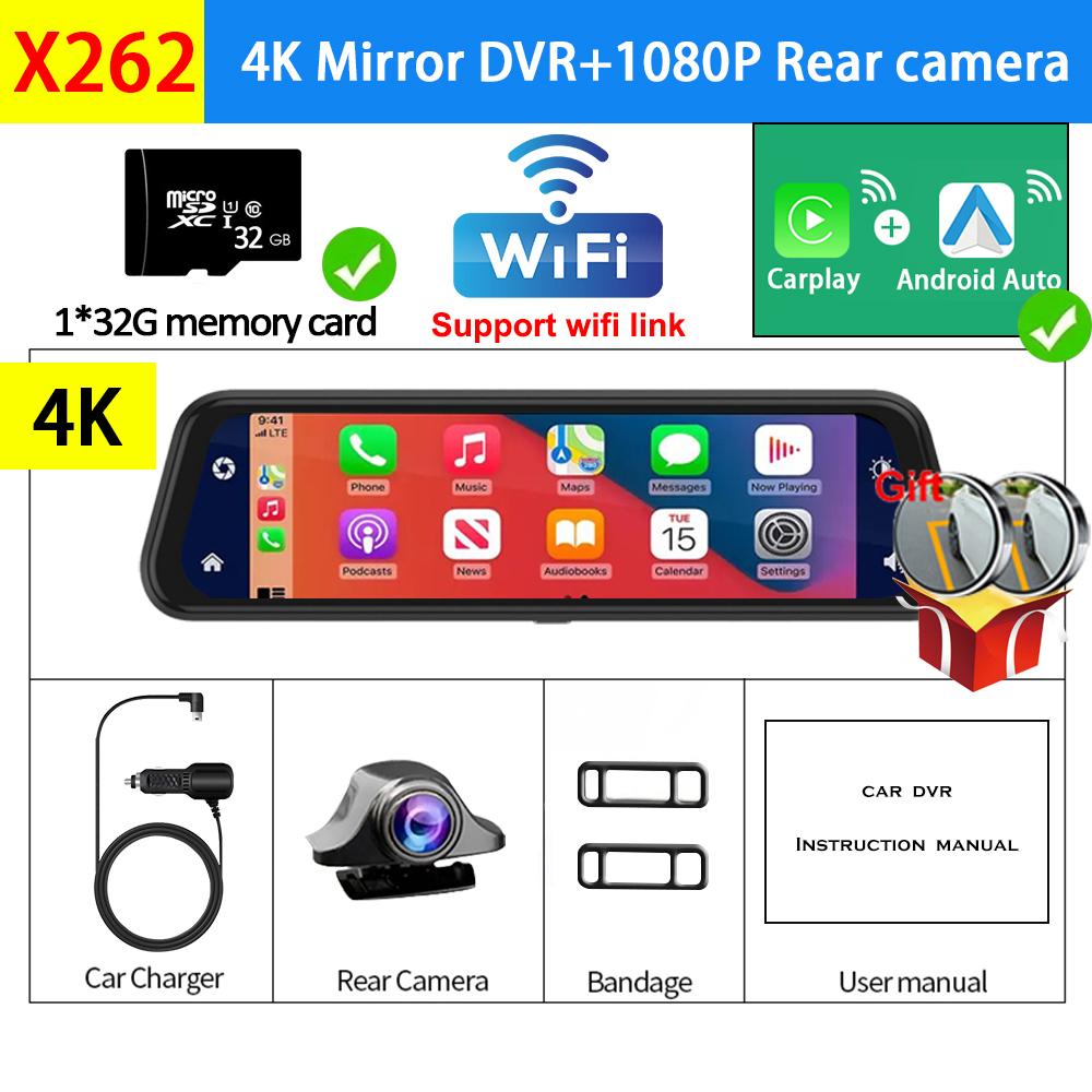 Dash Cam 4K 3840*2160P Car DVR  Carplay Android Auto WIFI BT FM AUX 10 Inch Drive Recorder Dashcam Camera Stream RearView Mirror