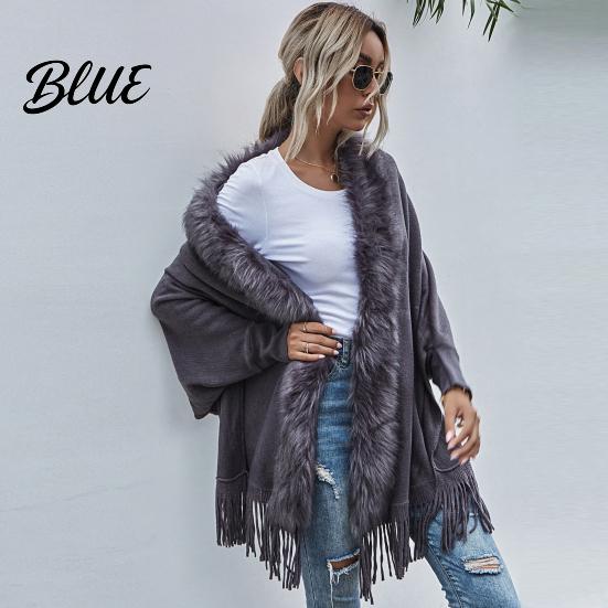 Women Poncho Batwing Long Sleeve Open Stitch Mid-Length Loose Fit Shawl Cardigan Fall Winter Artificial Fur Collar Tassel Hem Knitting Outerwear