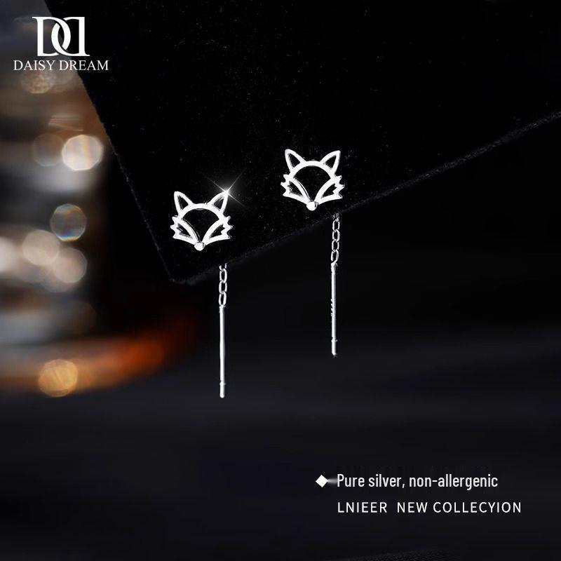 999 Sterling Silver Fox Ear Thread High-End Tassel Dangle Earrings for Women