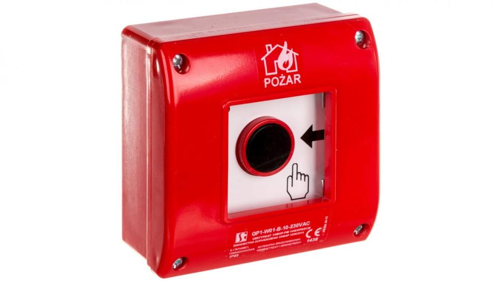 Manual Fire Alarm Call Point, Surface-mounted, 1NO Contact + LED 230V AC OP1-W01-B10-230