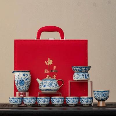 Taodingxuan 11-Piece Blue and White Ru Kiln Floral Tea Set