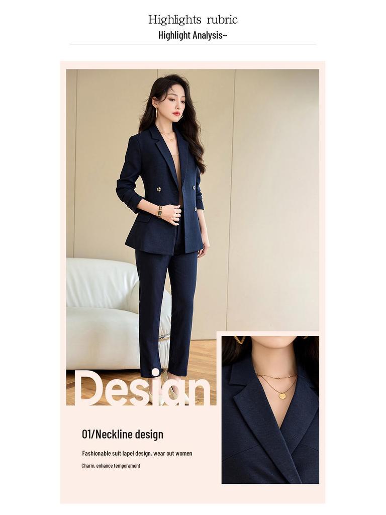 Women's Autumn Black Double-Breasted Blazer and Pants Set - Professional Slim Fit for Business and Interviews