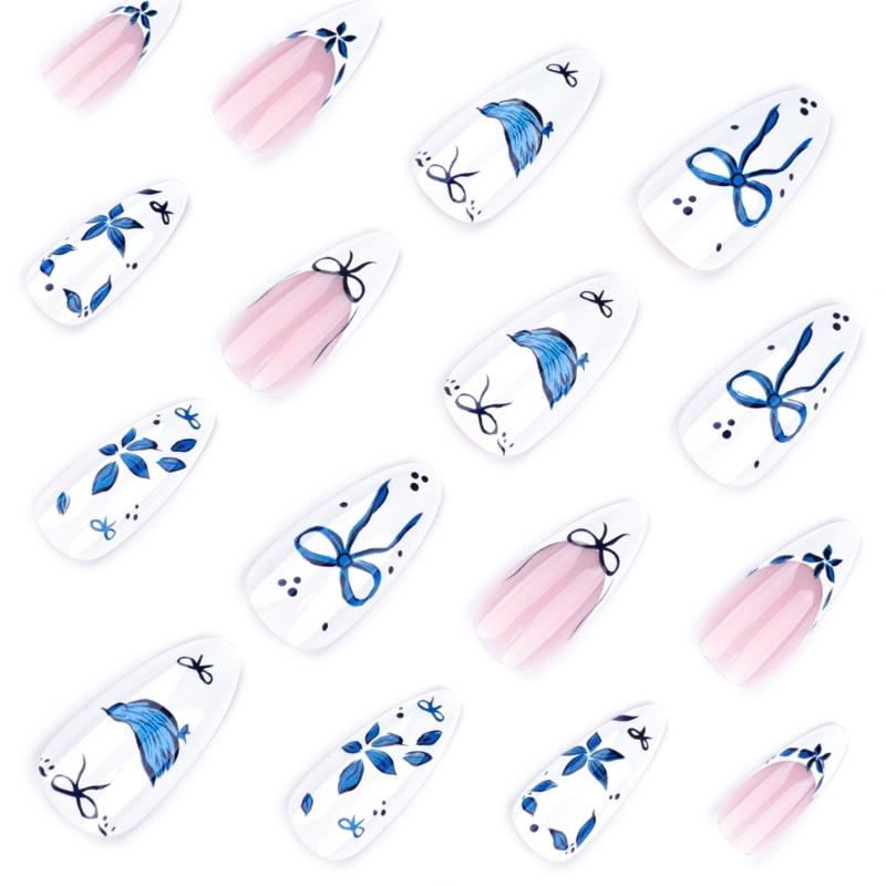 24 Pcs French Tip Press On Nail Short Almond False Nail Bows Full Cover Stick On Nail Blue Flowers Acrylic Nail