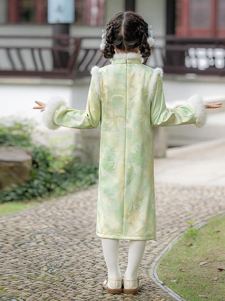 Winter-Samt-Qipao-Kleid für Mädchen 2025 - Chinesischer Stil Rock mit langen Ärmeln