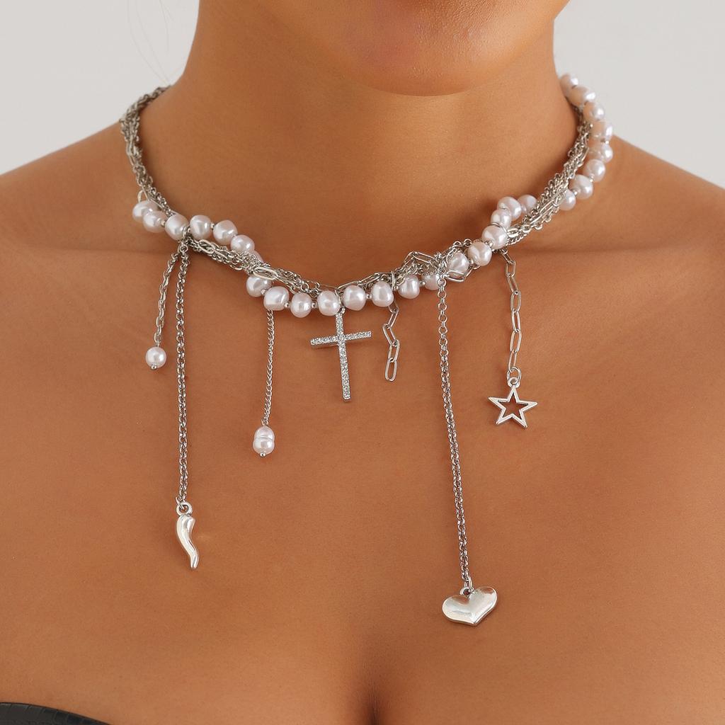 Chic Layered Beaded Necklace with Distinctive Charm Chain Choker Necklaces Fashion Jewelry Gift for Women Girls