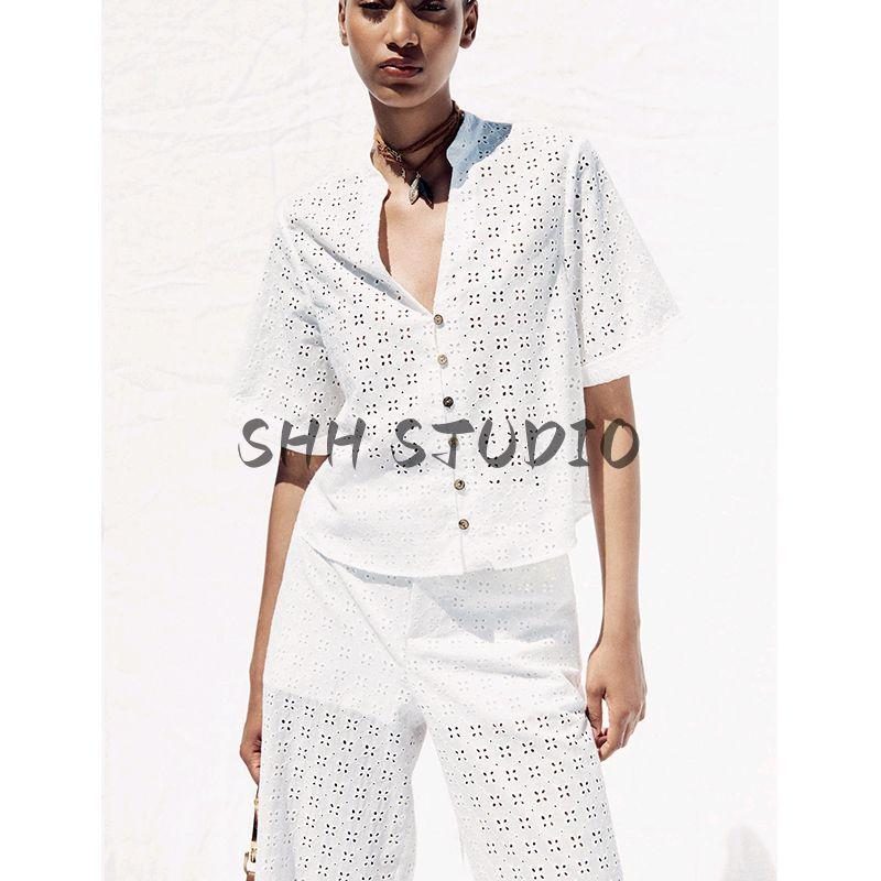 Summer New Cotton Cut Out Embroider Short Sleeve Shirt 2587076 High Waist Wide-Leg Casual Pants 2587077