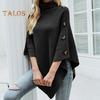Women Sweater Tops High Collar Solid Color Cape Style Sweater Coat Button Decoration Loose Fit Casual Commuting Knitting Top