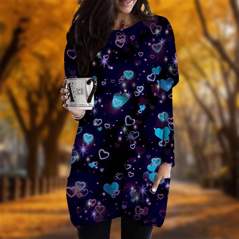 New In Autumn Neon Love Print Plus Size Dress Women O'neck Long Sleeves Casual Pocket Dresses