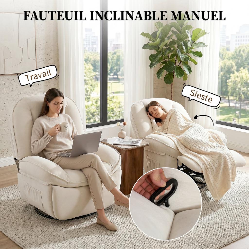 Chenille Reclining Armchair, 360 Degree Swivel, Side Pockets, Cream