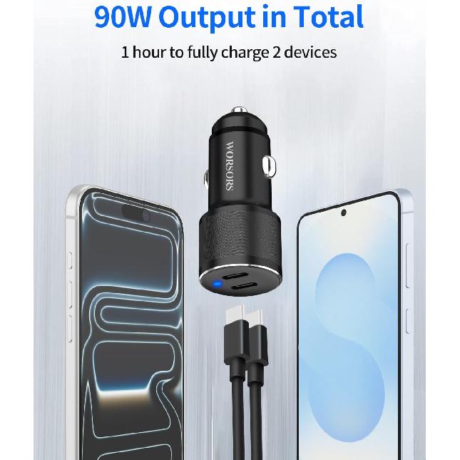Dual 45W USB C Car Charger, 90W Max Super Fast Charging, All Metal 12V Cigarette Lighter Adapter for iPhone 17 Pro Max/16/15/iPad, Samsung Galaxy