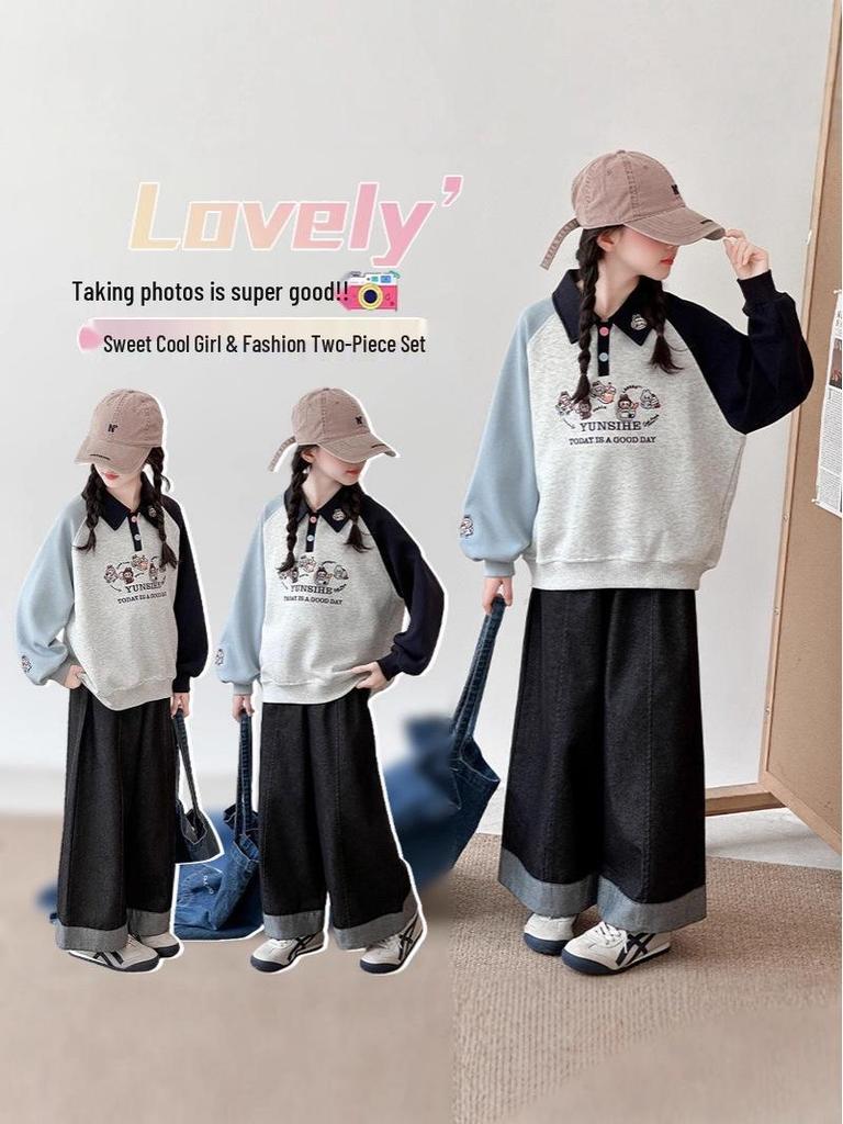 Mädchen 2025 Herbst Polokragen Raglanärmel Sweatshirt - Stilvolles Herbstoberteil für mittlere und große Kinder