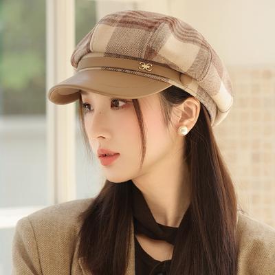 Japanse en Koreaanse Lente en Herfst Achtkantige Hoed Dames Ruit Beret Casual en Veelzijdig Britse Stijl Baseballpet Warme Schildersmuts