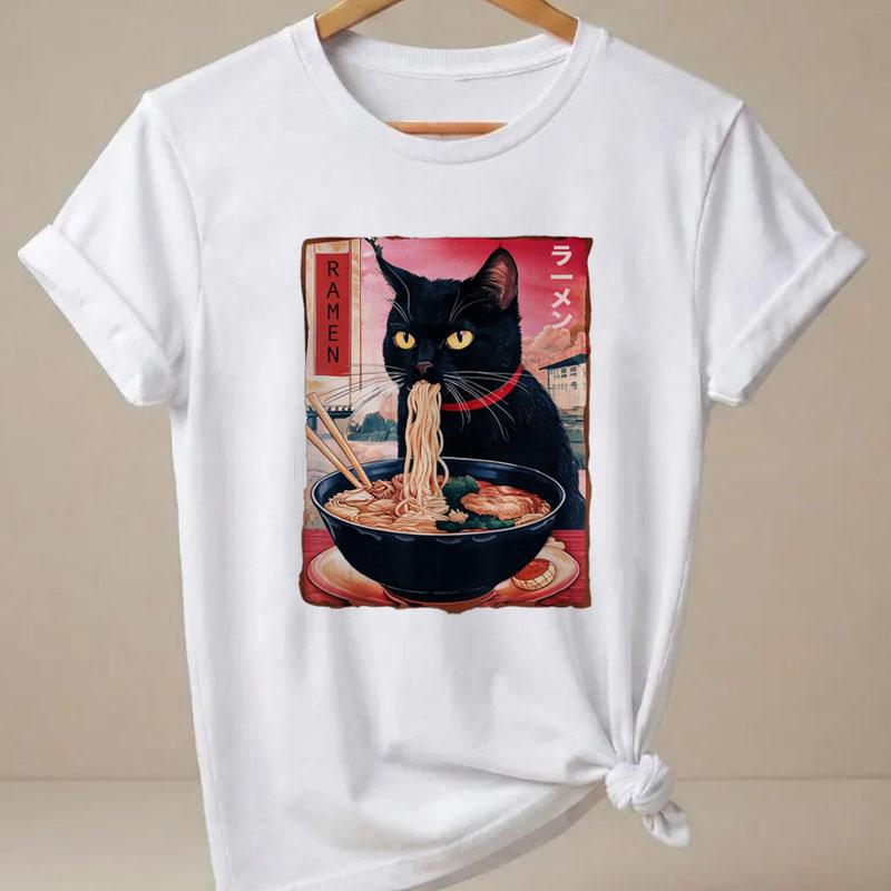 RaUnisex Cat TShirt Unisex Funny Short Sleeve Graphic T Shirts Japanese Cat Printed Kitty Tops Summer Round Neck Cat Lover Tees