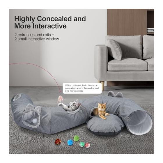 Odoland 85cm Cat Tunnel Bed, Donut Shape, 160cm Long S Shape, Cat Tunnel with Cushion, Fluffy, Cat Play, Lack of Exercise, Foldable, Washable, Toy