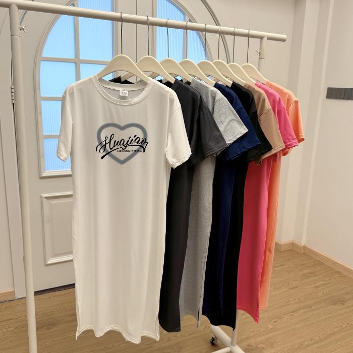 A Loose, Large-sized, Hong Kong-style Design Short-sleeved, Mid-length, Slit T-shirt Dress for Women In Summer