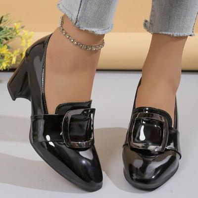 Fashion Black Pu Leather Heel Pumps Women 2025 Retro Metal Decoration Slip On Pumps Woman Square Toe Non Slip High Heels Shoes Ladies