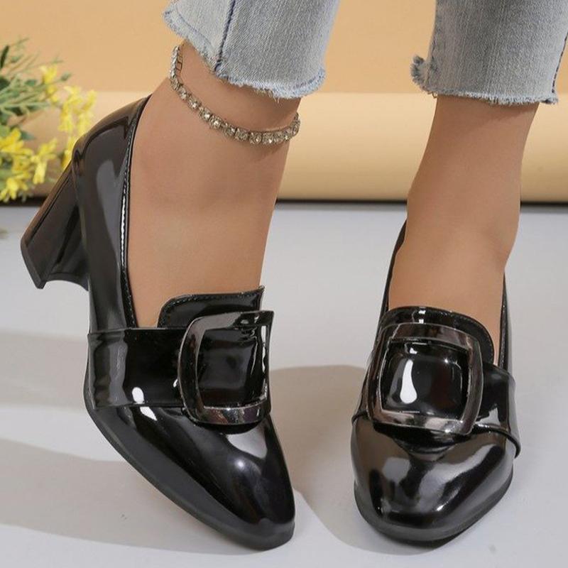 Mode Schwarz PU Leder Absatzpumps Damen 2025 Retro Metalldekoration Slipper Pumps Frau Eckige Zehenpartie Rutschfest Hohe Absätze Schuhe Damen