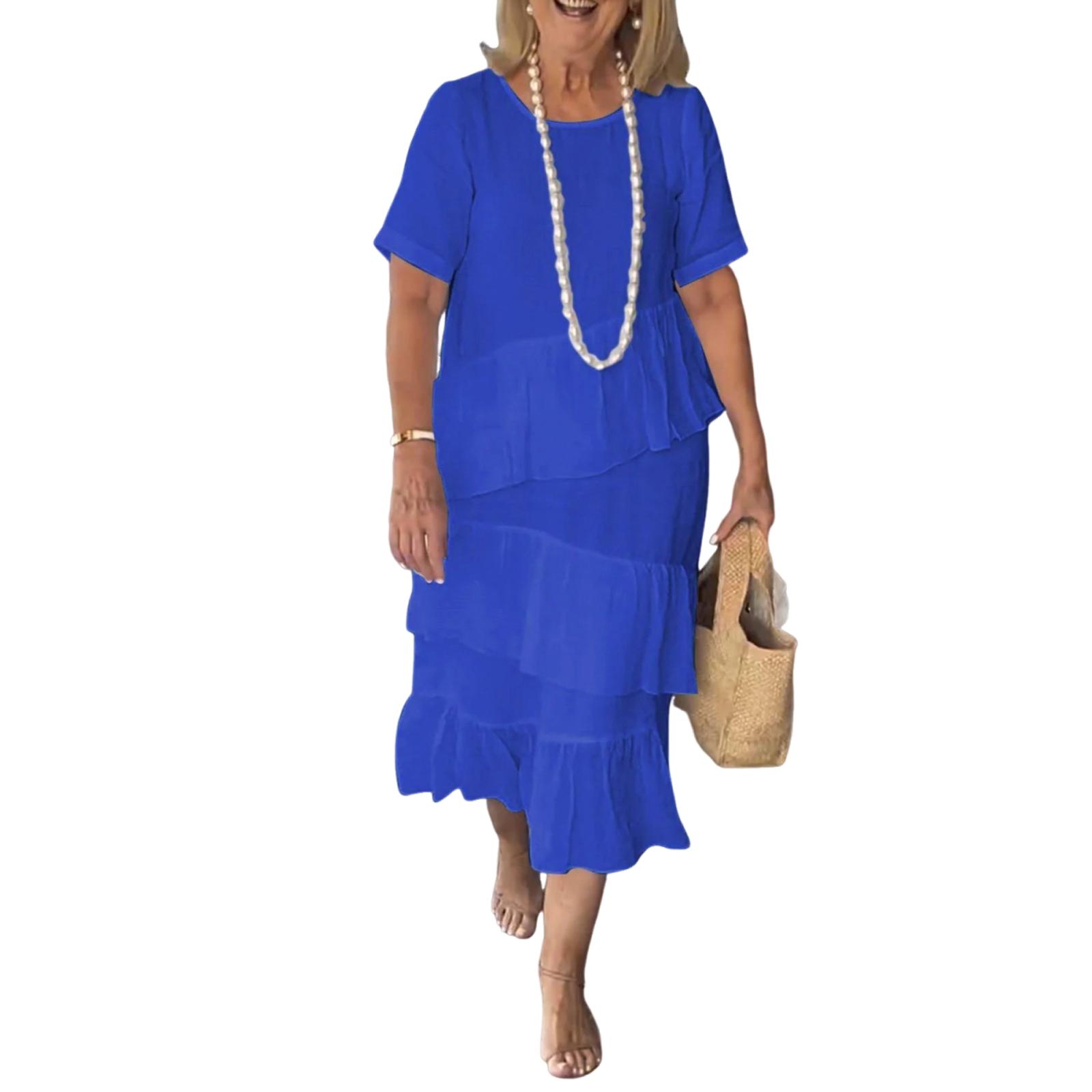 

Женское модное повседневное платье из хлопка и пеньки с круглым вырезом и коротким рукавом, плиссированная длинная юбка XXL синий