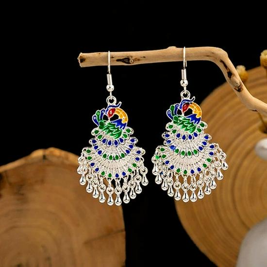Peacock Tassel Earrings with Hollow Leaf Design in Retro Ethnic Style Imitation Silver for Women