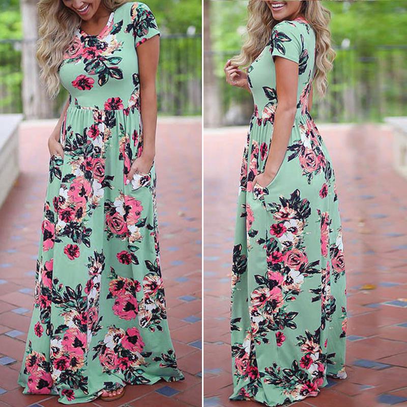 Boho květinový potisk s krátkým rukávem večerní párty ležérní dlouhé maxi šaty