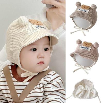 Niedliche Cartoon Bär Baby Mütze mit Schnürung Neugeborene Baby Jungen Mädchen Mütze Beanies Winter Warm Säugling Kleinkind Ohrenschutz Mützen