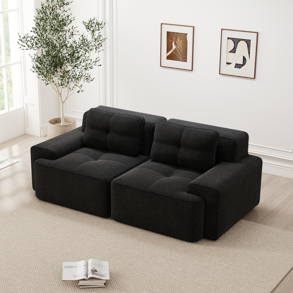 Modulares Sofas ohne Armlehnen, Modernes Wohnzimmersofa mit tiefer Sitzfläche, Bequemes Cord-Wolkensofa, Zweisitzer Kleines Sofa, Schlafsofa, Schwarz