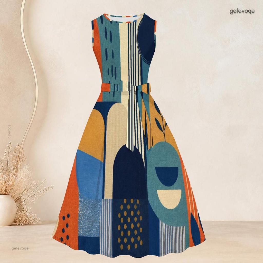Women Plus Size Two Piece Set Plaid Printed 3 4 Sleeve Draped Cardigan Sleeveless Tie Waist Flared Dress