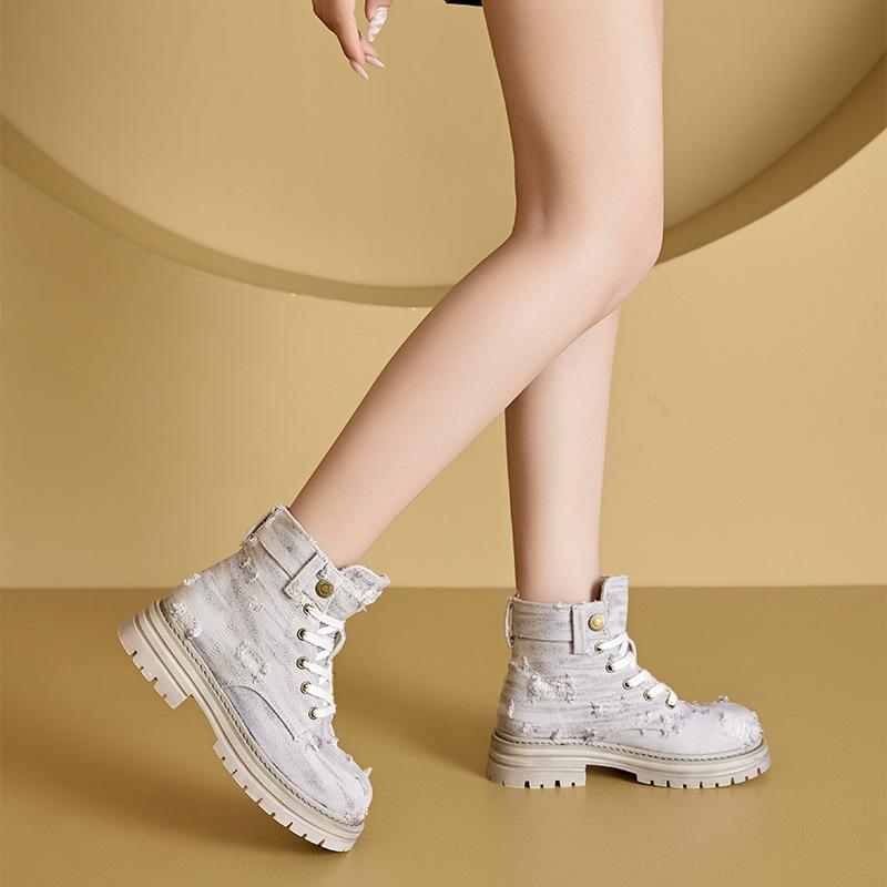 

Осенние женские туфли из стираного денима небольшого размера с рваной толстой подошвой и скрытым каблуком, повседневные туфли на шнуровке 40