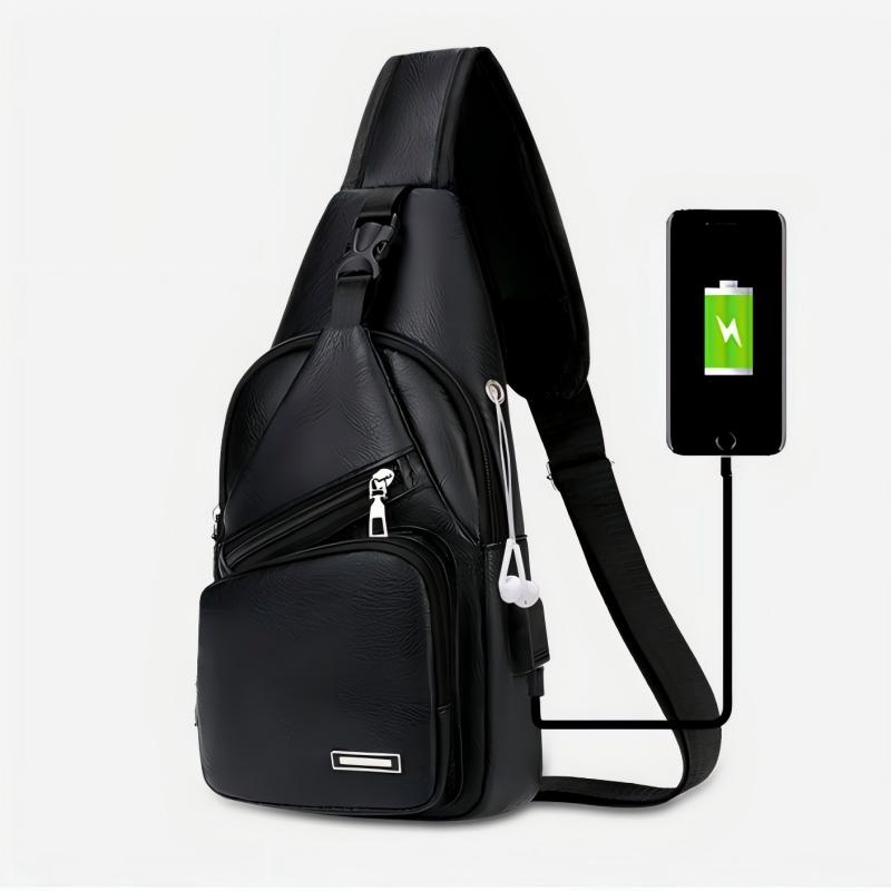 Homefish Simple and Fashionable Casual Solid Color PU Multifunctional USB Charging Zipper Chest Bag Crossbody Bag for Commuting
