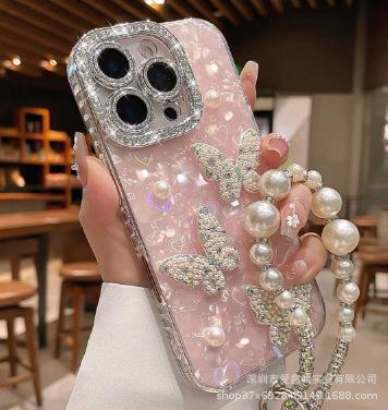 Rhinestone pearl butterfly is suitable for Apple 17Pro mobile phone case iphone16 with its own lens film 15 all-inclusive anti-drop.