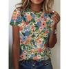 Fashion Women's Crew Neck Short Sleeve 3D Flower Color Printing Crew Neck T-Shirt Flower Short Sleeve