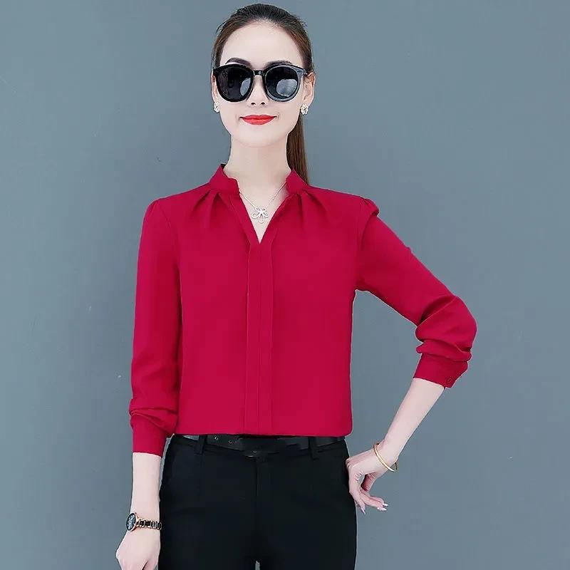 Women's Spring and Autumn Solid Color Long-sleeved Bottoming Shirt Casual Style Thin Blouse
