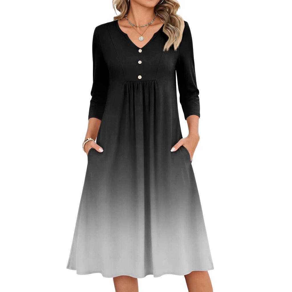 Women's V-Neck Three-Quarter Sleeve Gradient Print Casual Dress for Daily Wear