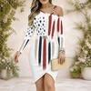 Women Plus Size One Shoulder Cold Shoulder Long Sleeve Printed Chain Strap Cross Hem Bodycon Dress