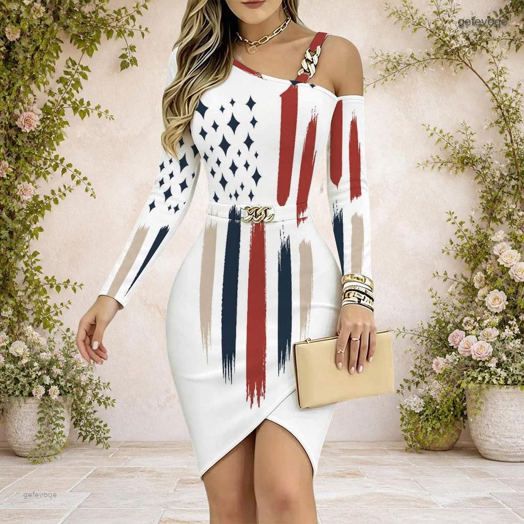 Women Plus Size One Shoulder Cold Shoulder Long Sleeve Printed Chain Strap Cross Hem Bodycon Dress