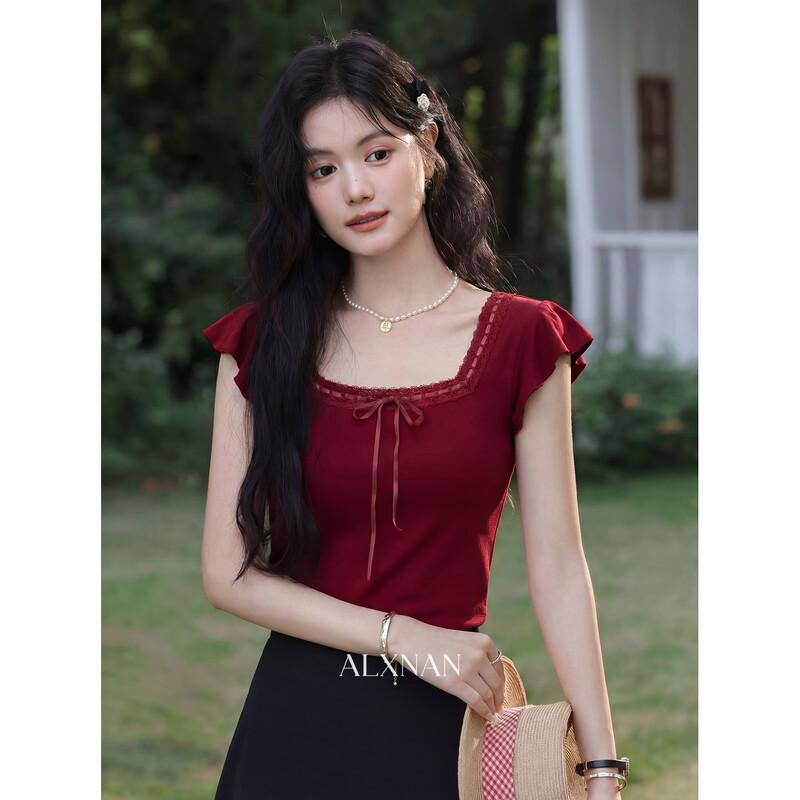 Women s Lace-Spliced Short Sleeve T-Shirt L