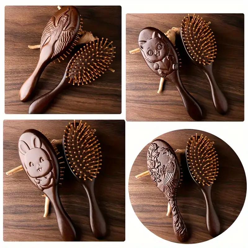 BEPAN Hand-Carved Sandalwood Air Cushion Comb with Bamboo Bristles Cat-Shaped Wooden Hair Styling Comb Oval Scalp Massage Brush Comb