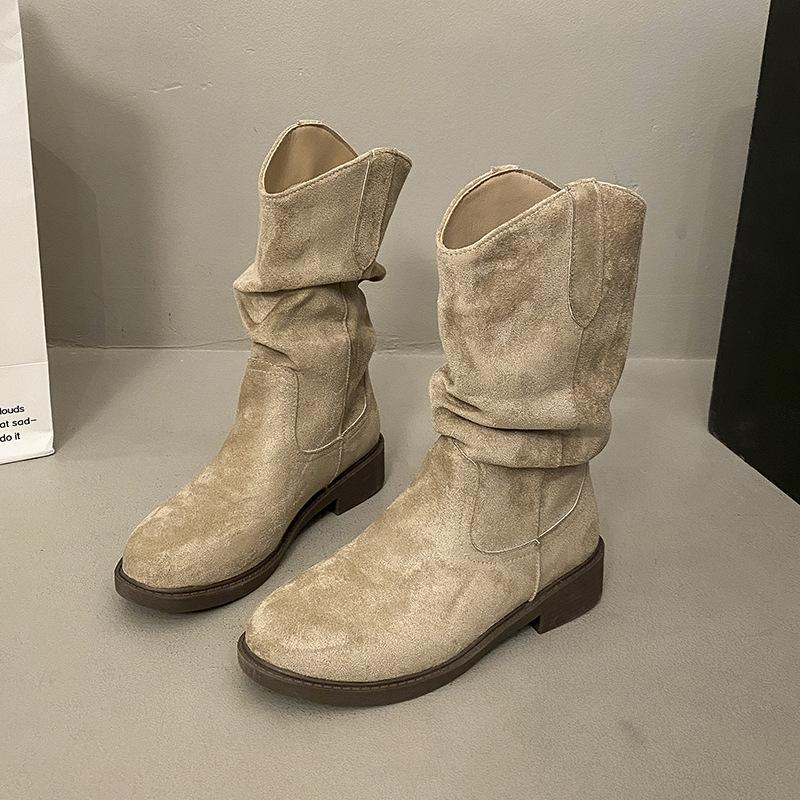 Inner height increase Small retro thick heel short boots Women's 2025 popular new versatile and thin pleated western cowboy boots