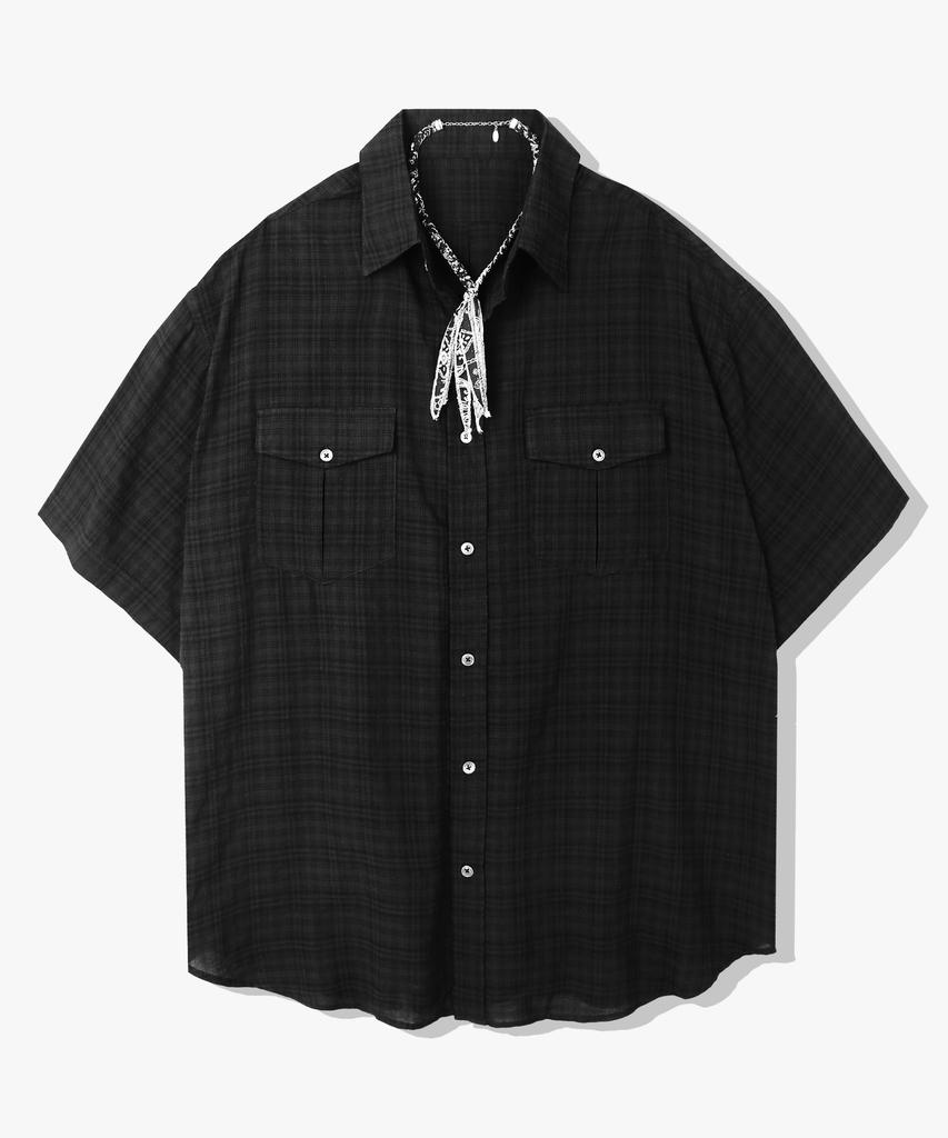 SSY [2Pack] Washed Check Linen 2-Pocket Loose Fit Half Shirt