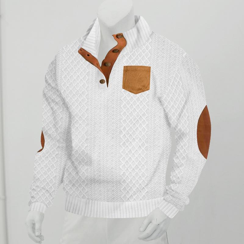 Spring/Autumn Men's Jacquard Knit Textured Pocket Henley Collar Buttoned Patch Long-Sleeved Sweatshirt