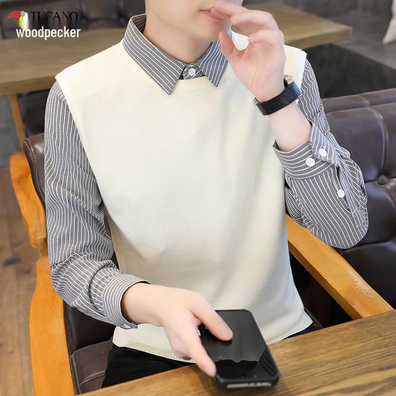 

Woodpecker Men s Two-Piece Knitwear: Striped Fleece-Lined Sweater with Shirt Collar for Autumn/Winter 2025 3XL for 145-155 lbs