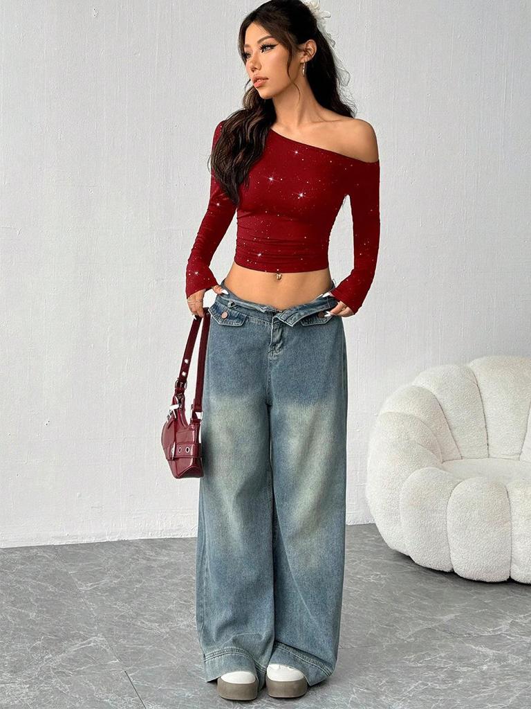 European Hot Girl Rhinestone Off-Shoulder Long Sleeve Knit T-Shirt - 2025 Spring Slim Fit Top