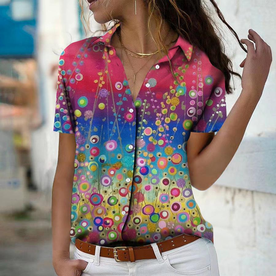 

2023 летняя новая модная женская красочная рубашка с коротким рукавом и v-образным вырезом с принтом Taraxacum, повседневная рубашка на пуговицах, топ