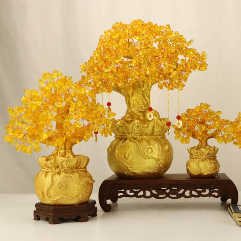 Exquisite Lucky-Tree Chinese Feng Shui Money Tree Desktop Ornament Yellow Crystal Fortune Tree Decoration for Room Shop