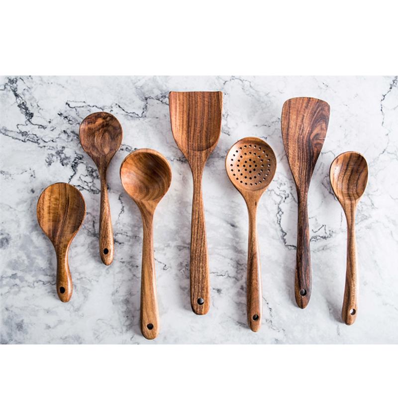 1-7pcs/set Teak Natural Wood Tableware Spoon Ladle Turner Rice Colander Soup Skimmer Cooking Spoon Scoop Kitchen Reusable Tool