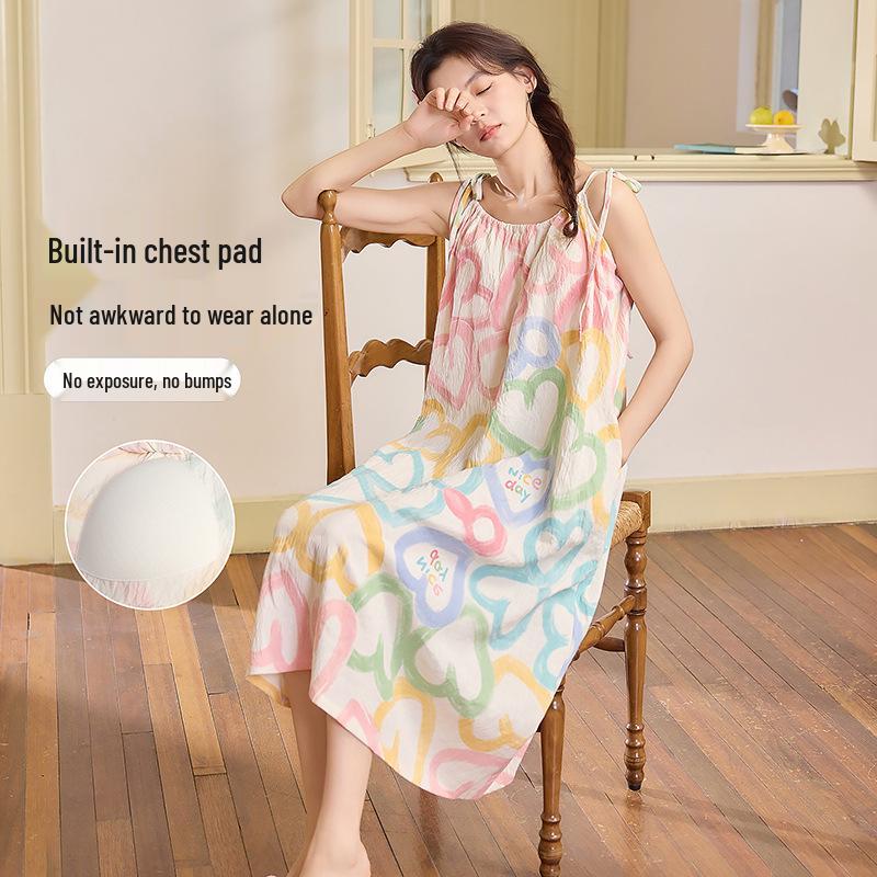 

Cloud Cotton 2026 Summer Round Neck Pullover Nightgown with Built-in Bra Straps - Women s Casual Homewear Pajamas XL