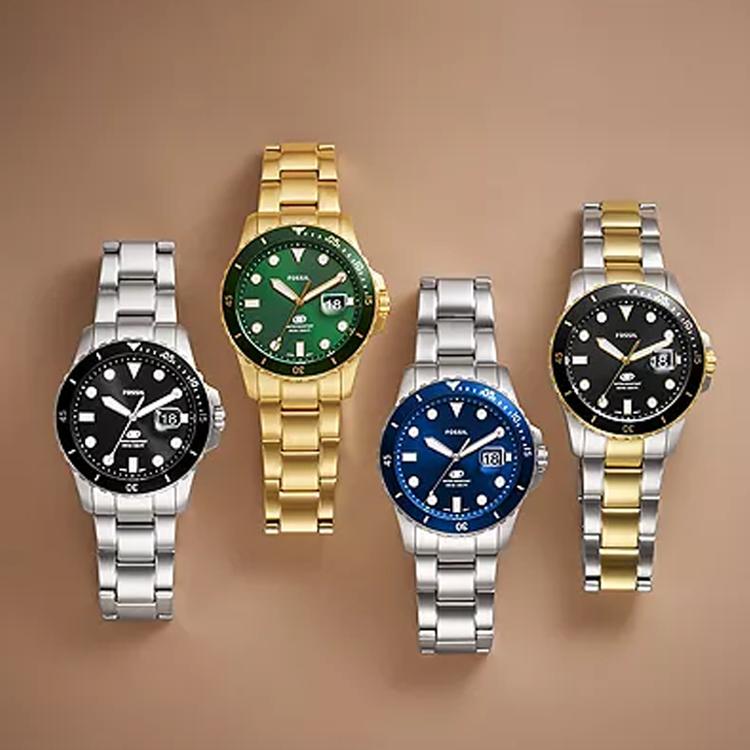 Fossil BLUE DIVE Wrist Watch Quartz Movement Stainless Steel Strap 42mm Green Dial Unisex 100m Water Resistant FS6030