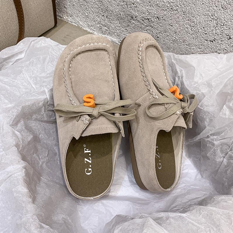 2025 autumn new round bag head solid color versatile fashion style women's one-pedal lace-up thick-soled slippers