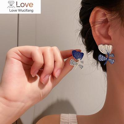 Biela modrá maľba lístkového kvetu náušnice pre ženy Elegantné šperky Osobnosť Pendientes
